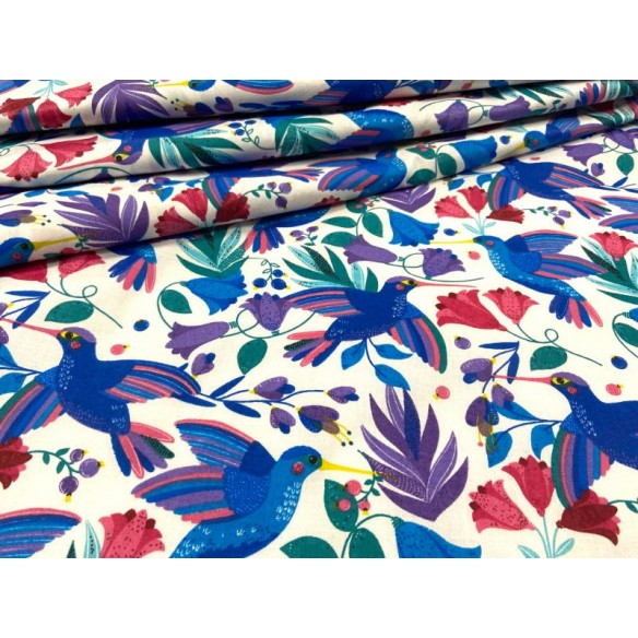Tissu en coton - Fleurs et colibri bleuet