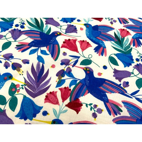 Tissu en coton - Fleurs et colibri bleuet