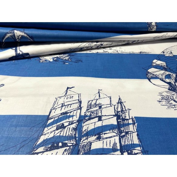 Tissu en coton - Navires rayures blanches et bleues