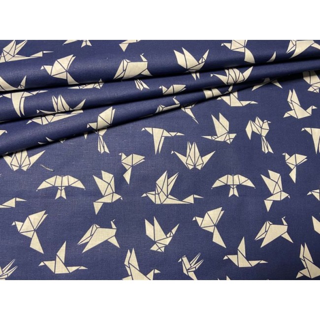 Tissu en coton - Hirondelles origami sur bleu marine