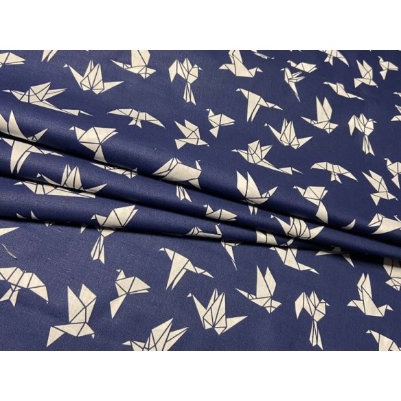 Tissu en coton - Hirondelles origami sur bleu marine