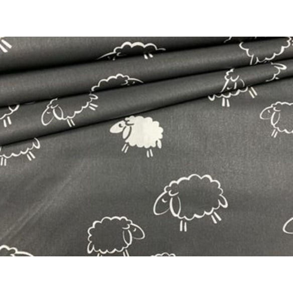 Tissu en coton - Moutons sur fond noir