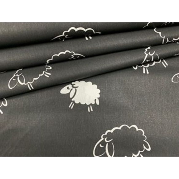 Tissu en coton - Moutons sur fond noir
