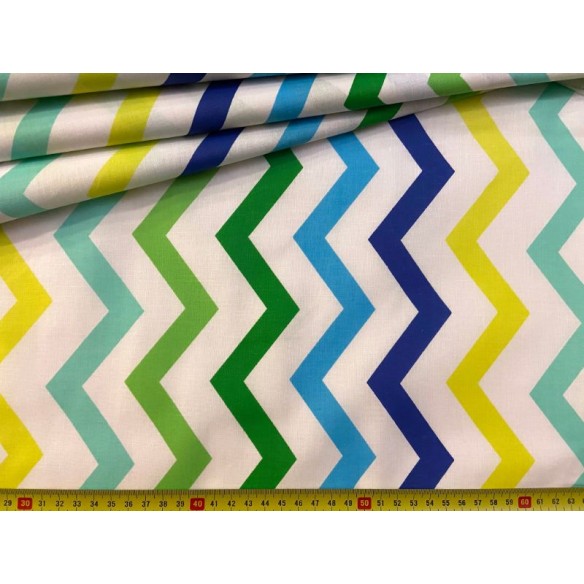 Tissu en coton - Zigzag vert jaune et bleu