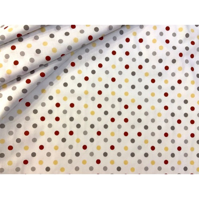 Tissu en coton - Pois rouges, gris et jaunes moyens