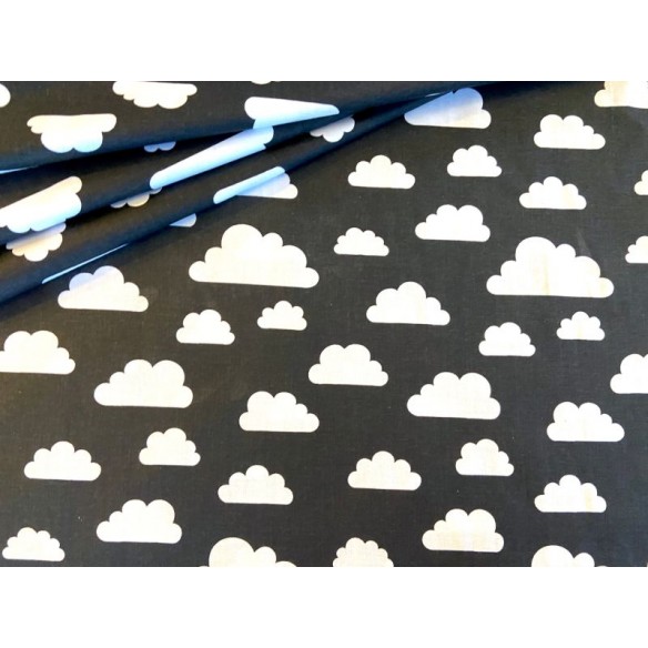 Tissu en coton - Gros nuages ​​blancs sur noir