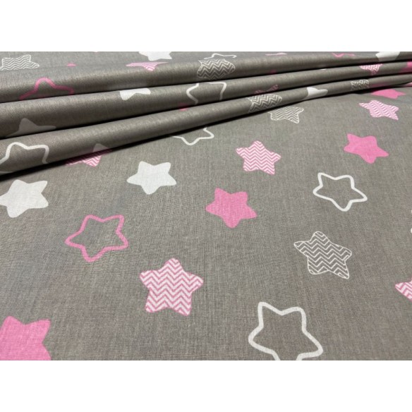 Tissu en coton - Les étoiles zigzaguent rose sur gris