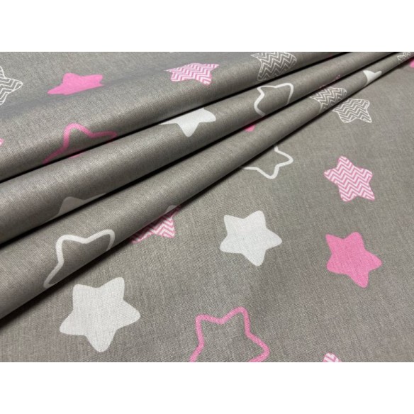 Tissu en coton - Les étoiles zigzaguent rose sur gris