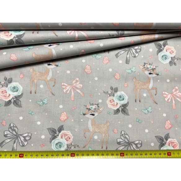 Tissu en coton - Chevreuil fleurs arc sur gris