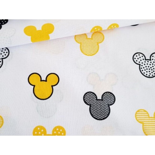 Tissu en coton - Mickey de souris motifs jaune sur blanc