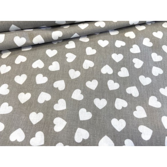 Tissu en coton - Coeurs blanc sur gris