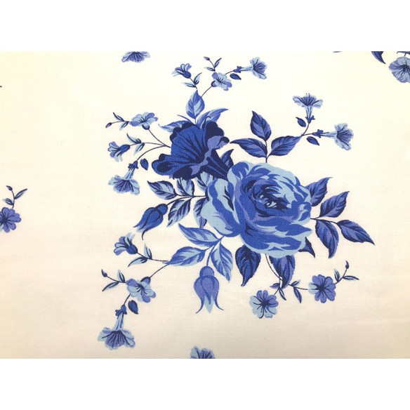 Tissu en coton - Roses bleues sur blanc