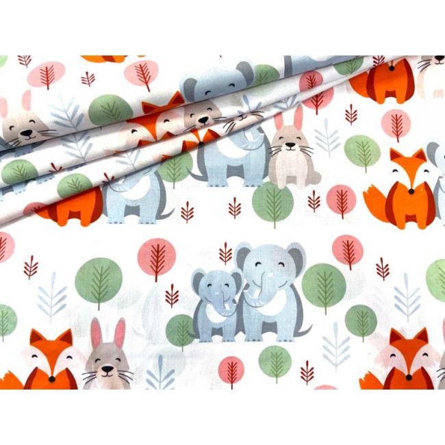 Tissu en coton - Éléphants, lièvres et renards dans la forêt