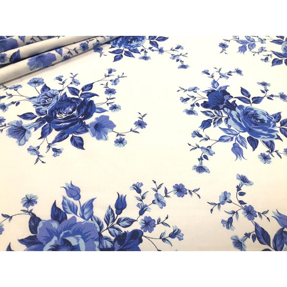 Tissu en coton - Roses bleues sur blanc