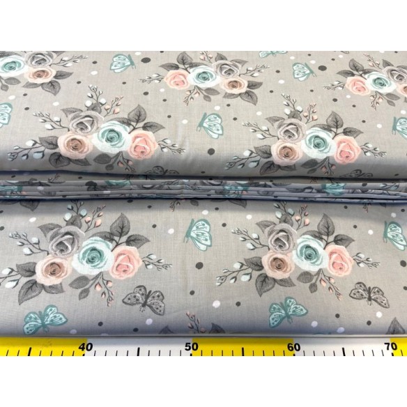 Tissu en coton - Roses multicolores et papillons sur gris