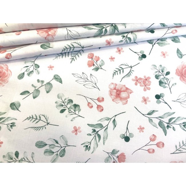 Tissu en coton - Roses avec des feuilles abricot