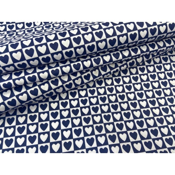 Tissu en coton - Coeurs dans un carré bleu marine