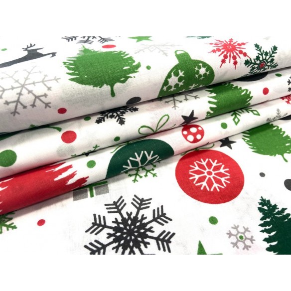 Tissu en coton - Boules festives sapins de Noël cadeaux sur blanc