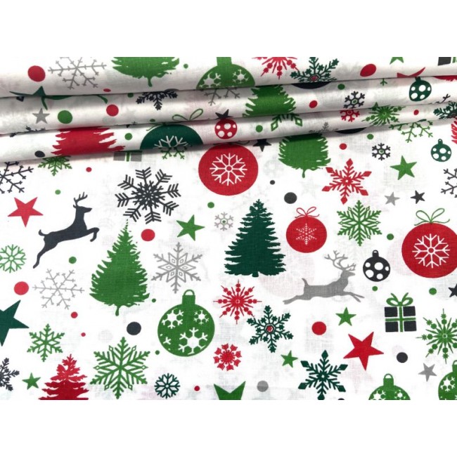 Tissu en coton - Boules festives sapins de Noël cadeaux sur blanc