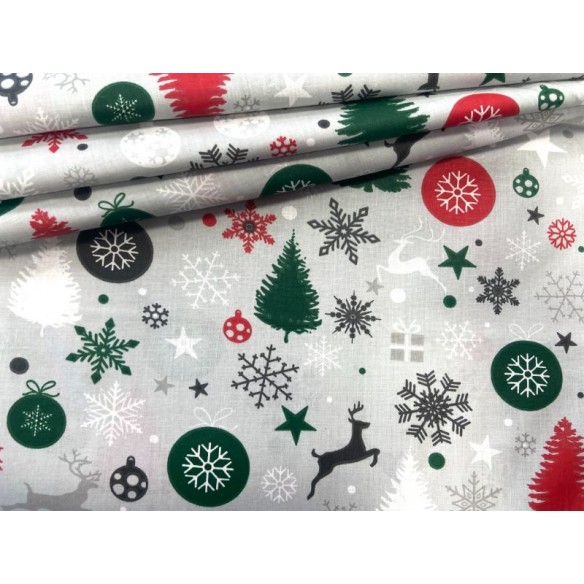 Tissu en coton - Boules festives sapins de Noël cadeaux sur gris