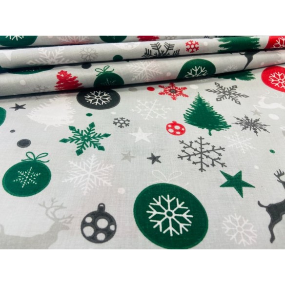 Tissu en coton - Boules festives sapins de Noël cadeaux sur gris