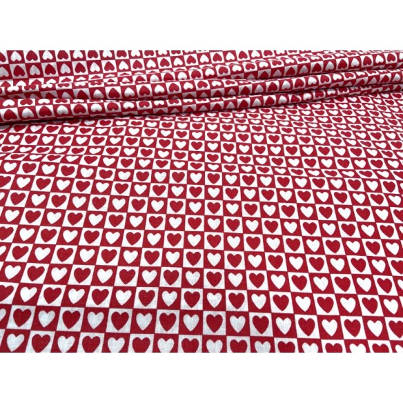 Tissu en coton - Coeurs dans un carré rouge