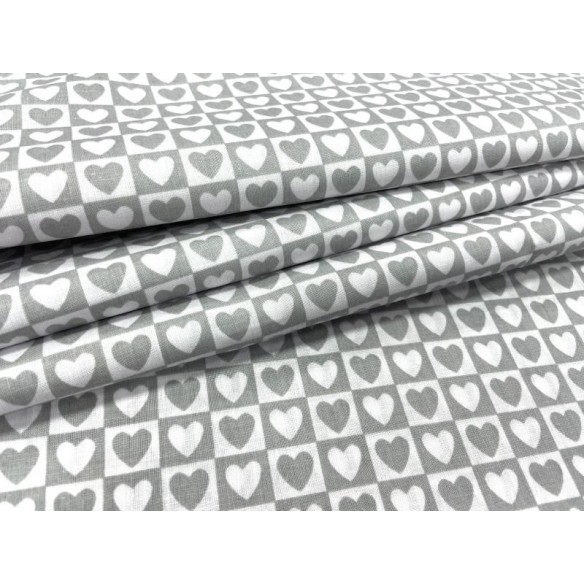 Tissu en coton - Coeurs dans un carré gris