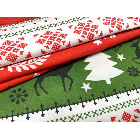 Tissu en coton - Pull festive renne rouge-vert