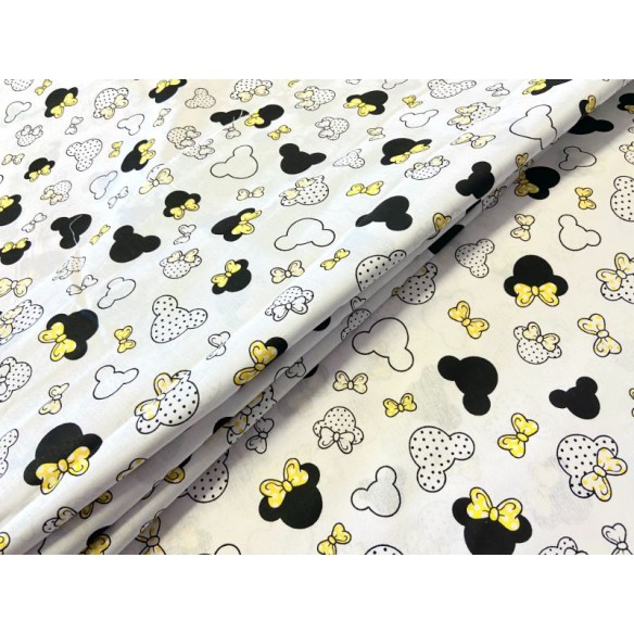 Tissu en coton - Petit Mickey de souris avec pois jaune sur blanc