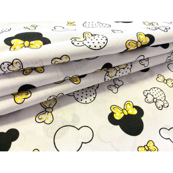 Tissu en coton - Petit Mickey de souris avec pois jaune sur blanc