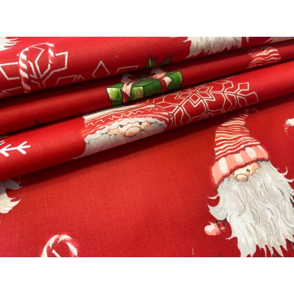 Tissu en coton - Père Noël festif et flocons de neige sur rouge