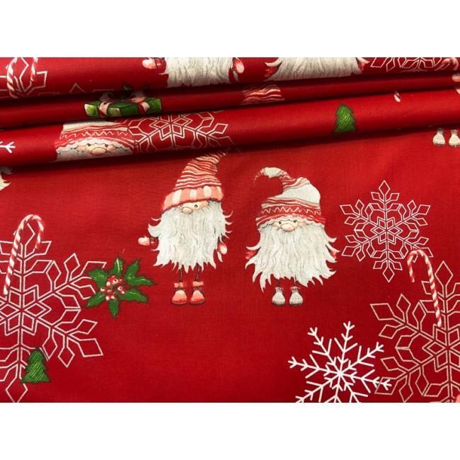 Tissu en coton - Père Noël festif et flocons de neige sur rouge