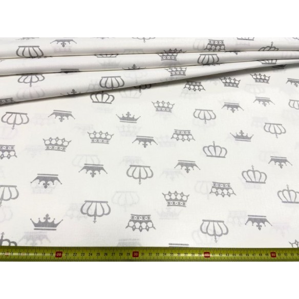 Tissu en coton - Couronnes grises sur blanc