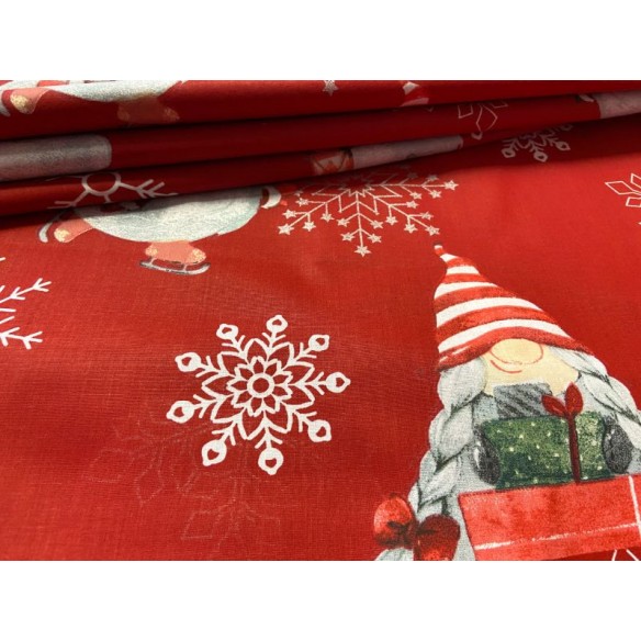 Tissu en coton - Festif lutins et flocons de neige sur rouge