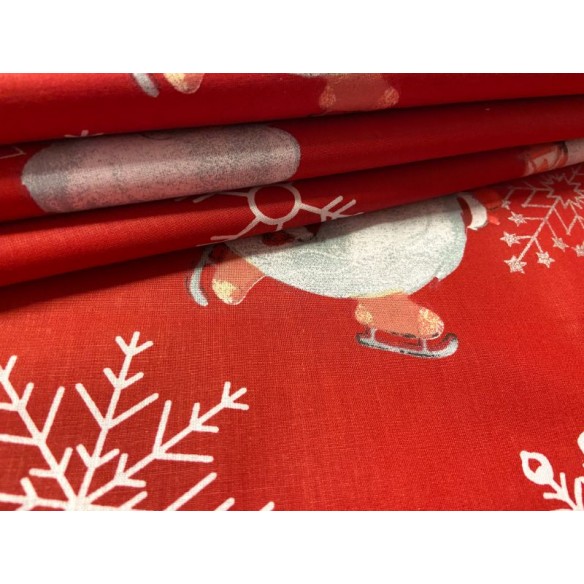 Tissu en coton - Festif lutins et flocons de neige sur rouge
