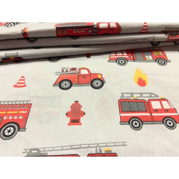 Tissu en coton - Camions de pompiers sur gris