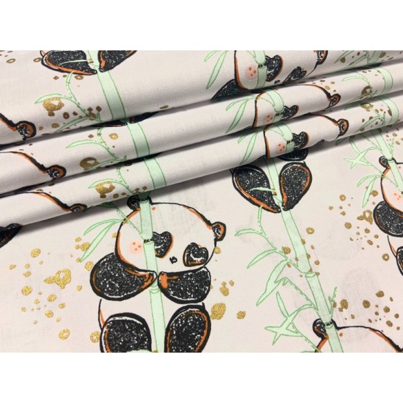 Tissu en coton - Pandas avec bambou sur blanc