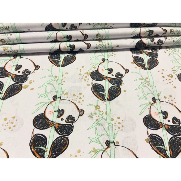 Tissu en coton - Pandas avec bambou sur blanc