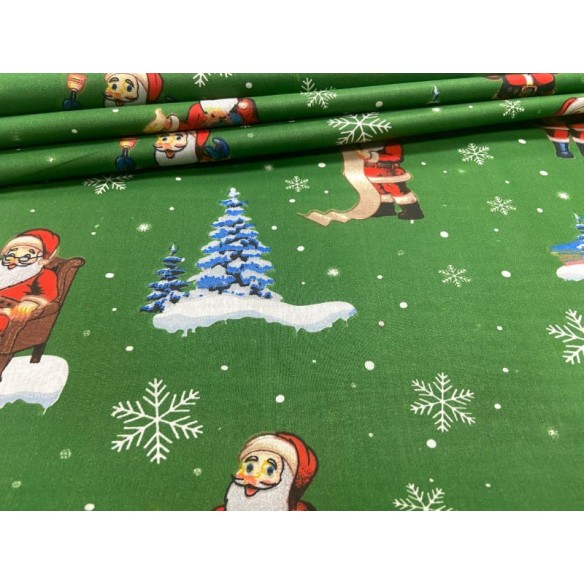 Tissu en coton - Festif Maisons de Noël et Pères Noël verts