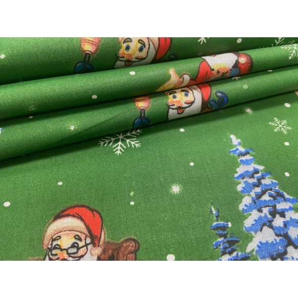 Tissu en coton - Festif Maisons de Noël et Pères Noël verts