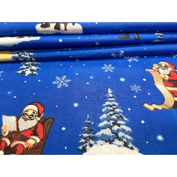 Tissu en coton - Festif Maisons de Noël et Pères Noël bleus