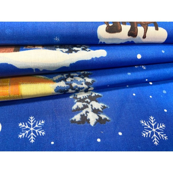 Tissu en coton - Festif Maisons de Noël et Pères Noël bleus