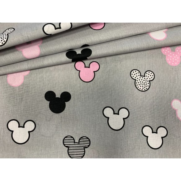 Tissu en coton - Mickey de souris motifs rose sur gris