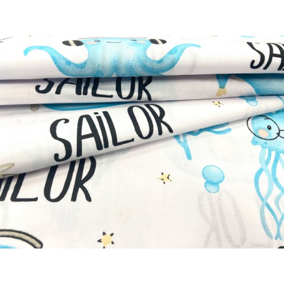 Tissu en coton - Méduses bleues et un nageur sur blanc