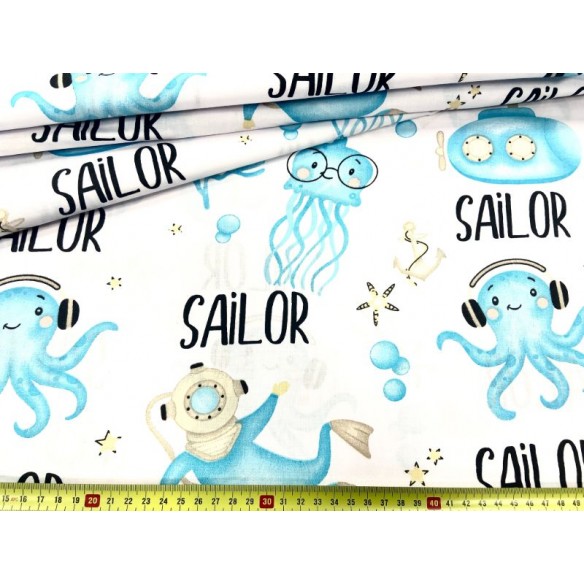 Tissu en coton - Méduses bleues et un nageur sur blanc