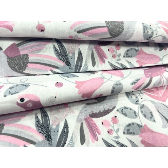 Tissu en coton - Fleurs et colibri rose pastel