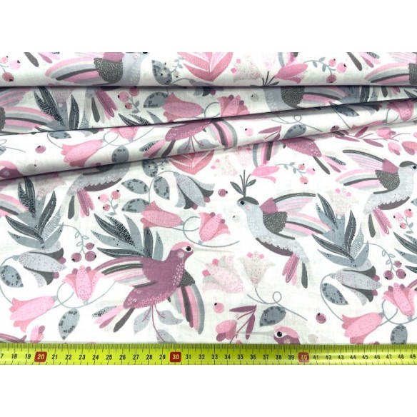 Tissu en coton - Fleurs et colibri rose pastel