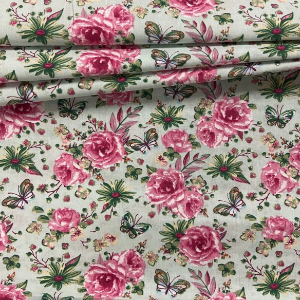 Tissu en coton - Fleurs roses papillons menthe mini