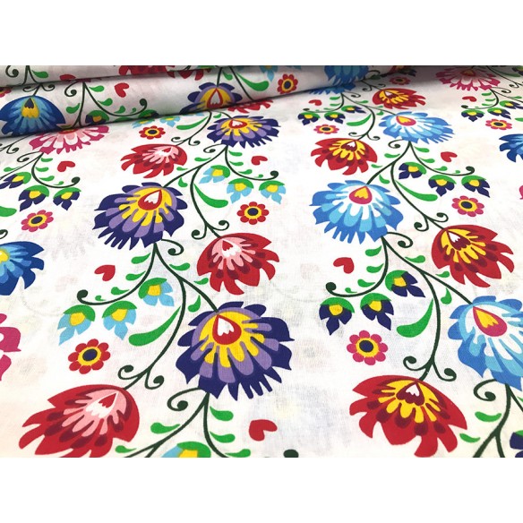 Tissu en coton - Les fleurs rayées du folklore de Lowicz