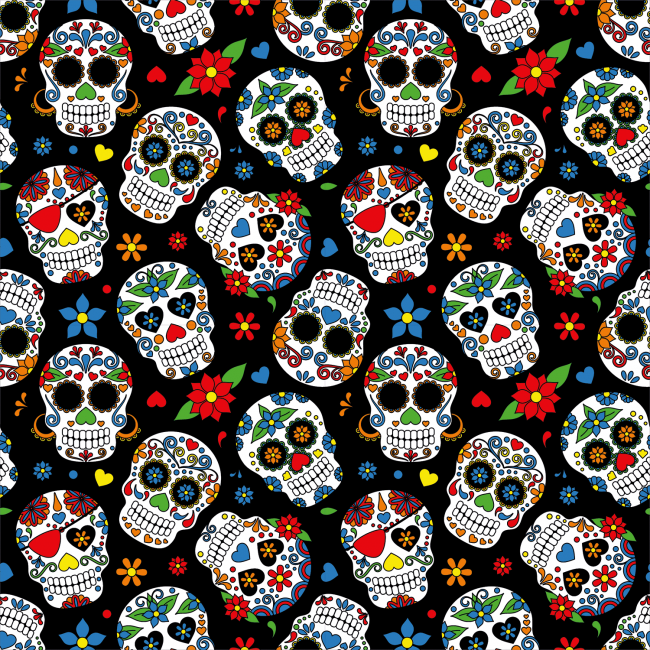 Single Jersey imprimé - Crânes mexicains sur noir